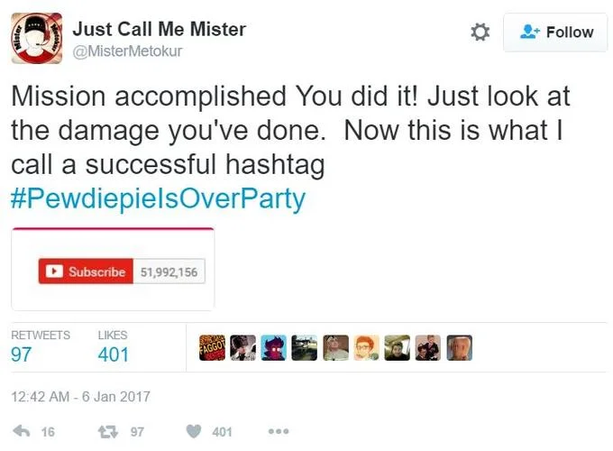 Tweet using the PewdiepieIsOverParty hashtag during the 2017 backlash