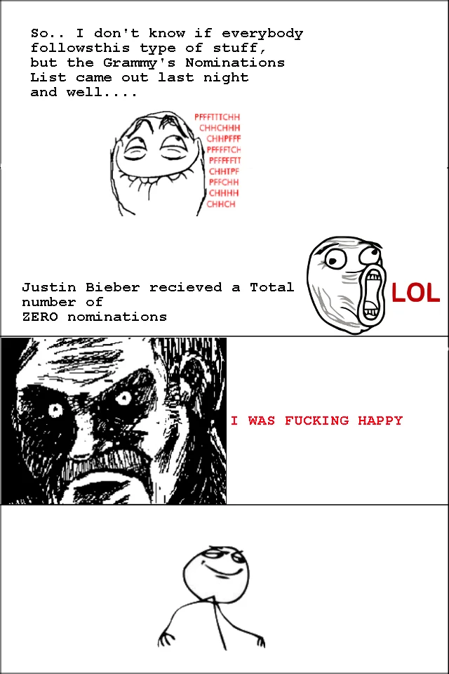 Rage comic celebrating Justin Bieber getting zero Grammy nominations using the pffftttchh face