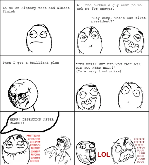 Classroom history-test rage comic using the pffftttchh laugh to frame a classmate