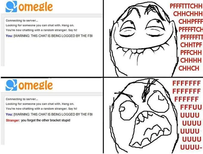 Omegle rage comic showing pffftttchh laughing then rage-face reacting to a typo callout
