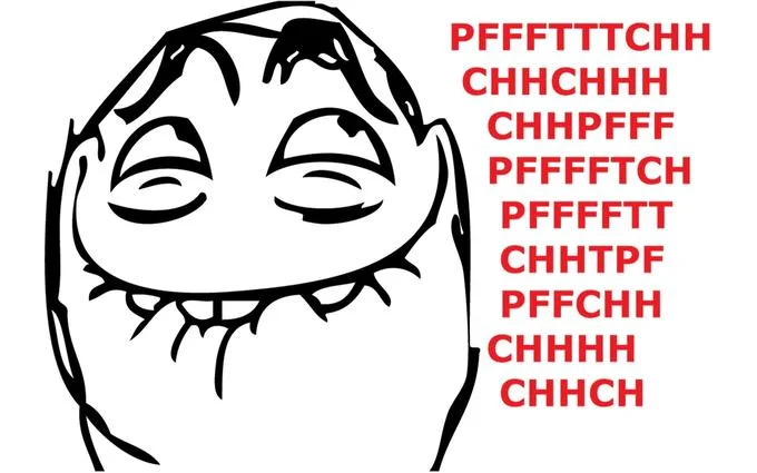 Cropped pffftttchh giggling rage face with red onomatopoeia text