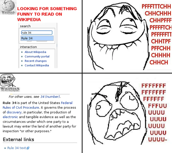 Rage comic about searching Rule 34 on Wikipedia with pffftttchh and rage faces
