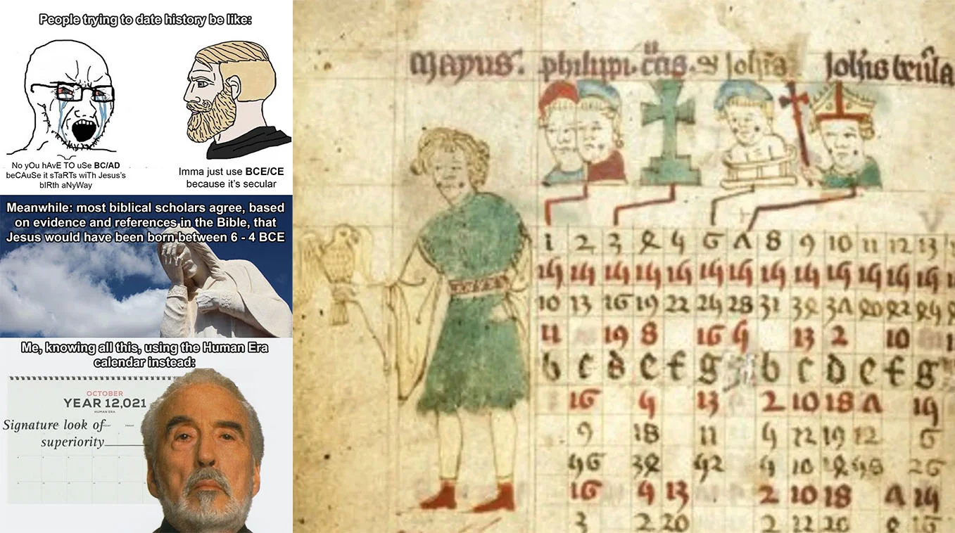 Phantom Time Hypothesis — Composite meme about calendar dating systems next to a medieval illuminated calendar page