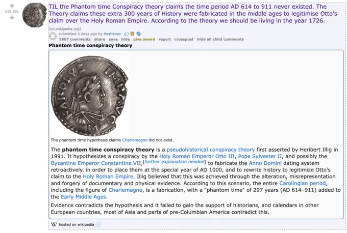 Phantom Time Hypothesis — Reddit TIL post screenshot explaining the Phantom Time Conspiracy Theory with a Charlemagne coin