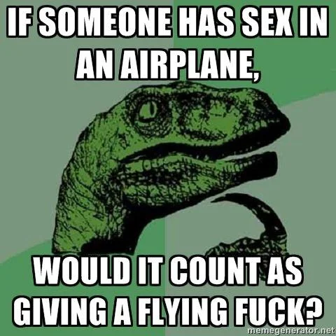 An adult-oriented Philosoraptor meme asking 'If someone has sex in an airplane, would it count as giving a flying fuck?'
