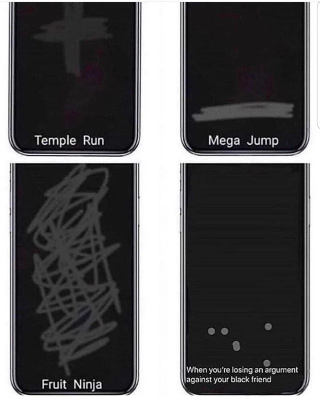 A Phone Swiping Patterns meme with gaming patterns and a fourth panel of scattered dots representing losing an argument.
