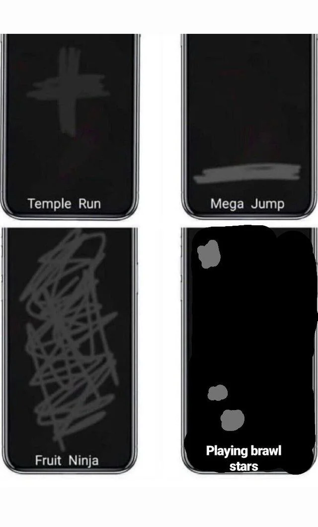 A Phone Swiping Patterns meme showing gaming patterns with a fourth panel of scattered dots for spamming in Brawl Stars.