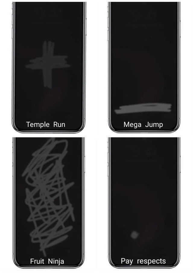 Phone Swiping Patterns — A four-panel meme displaying smartphone thumb swiping patterns for Temple Run, Mega Jump, Fruit Ninja, and a single tap for paying