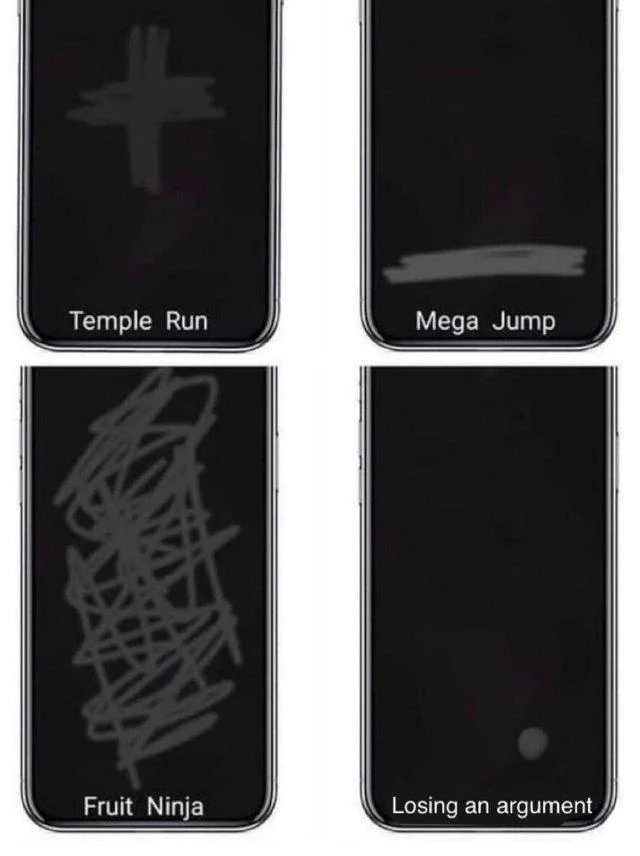 A Phone Swiping Patterns meme with standard gaming patterns and a fourth panel showing a deflated single-dot gesture for losing.