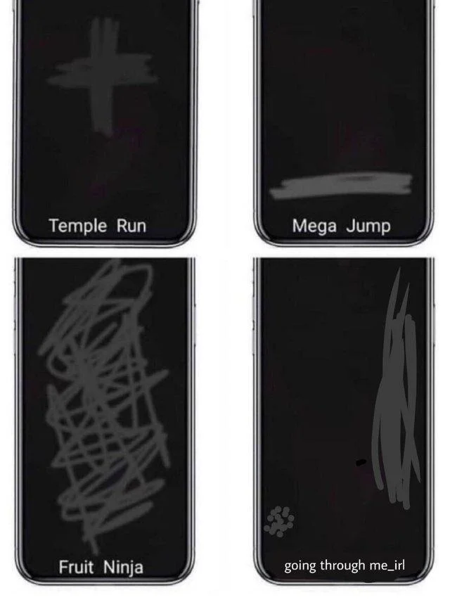 A Phone Swiping Patterns meme with classic gaming patterns and a fourth panel showing rapid vertical scrolling on me_irl subreddit.