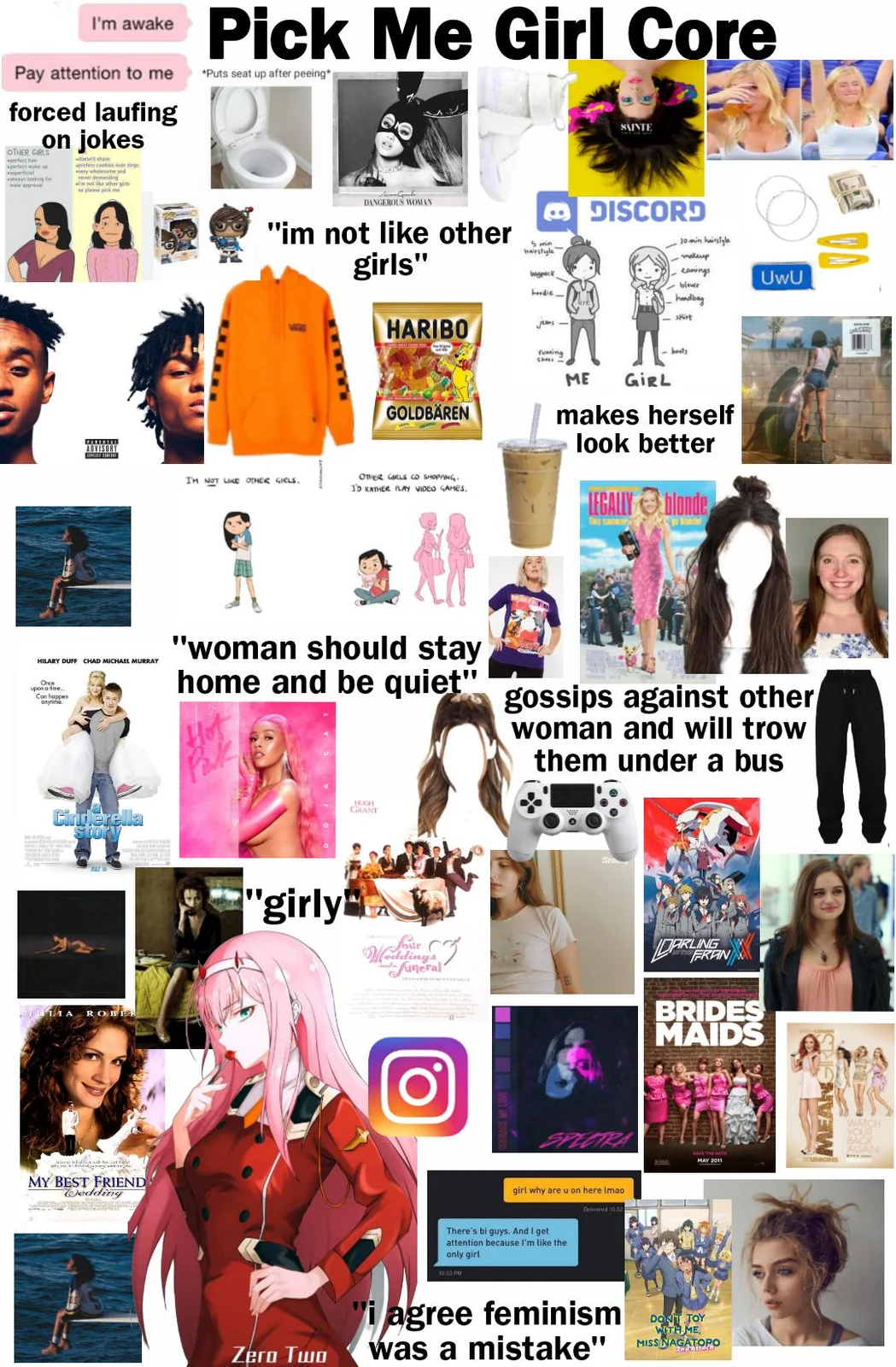A large collage labeled 'Pick Me Girl Core' featuring images, references, text snippets, and screenshots of pick me aesthetics.