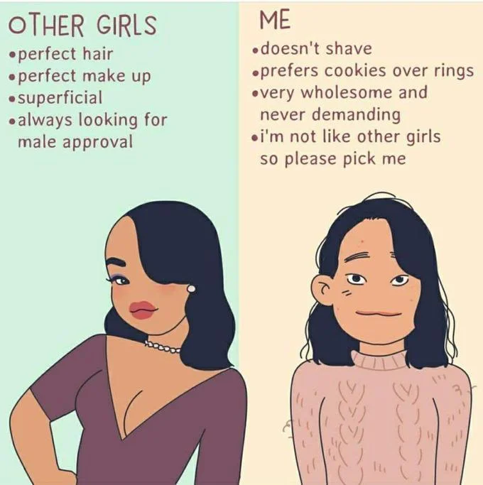 Pick Me Girl — A side-by-side comparison illustration showing 'Other Girls' versus 'Me' with self-deprecating wholesome qualities.