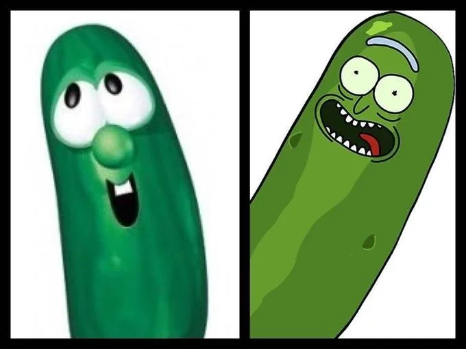 Side-by-side of Larry the Cucumber and Pickle Rick