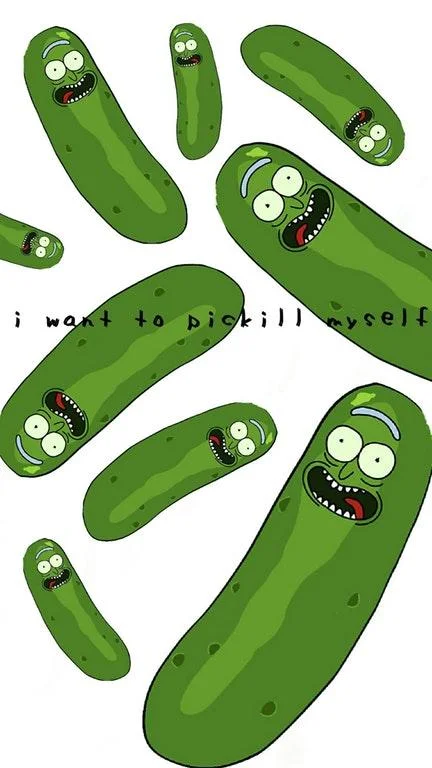 Pattern of Pickle Rick illustrations with text 'i want to pickill myself'