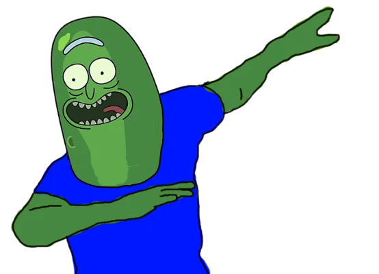 Cartoon of Pickle Rick in a blue shirt performing a dab