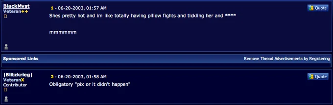 Pics Or It Didnt Happen — A screenshot of a Tribal War gaming forum thread from June 20, 2003, showing one of the earliest known uses of 'pix or it didn't