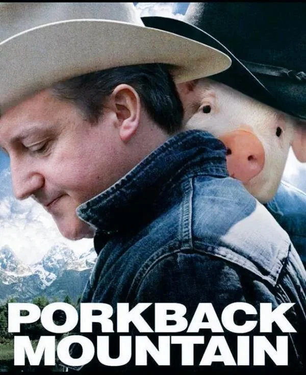 PigGate — Porkback Mountain parody poster with Cameron and a pig in cowboy hats
