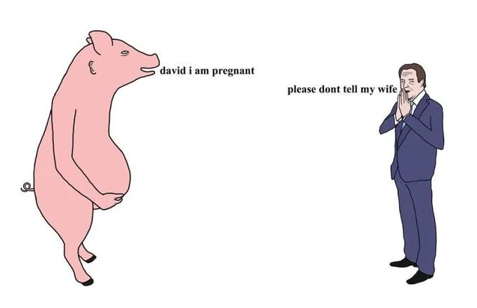 PigGate — Cartoon meme of a pig telling David Cameron she is pregnant