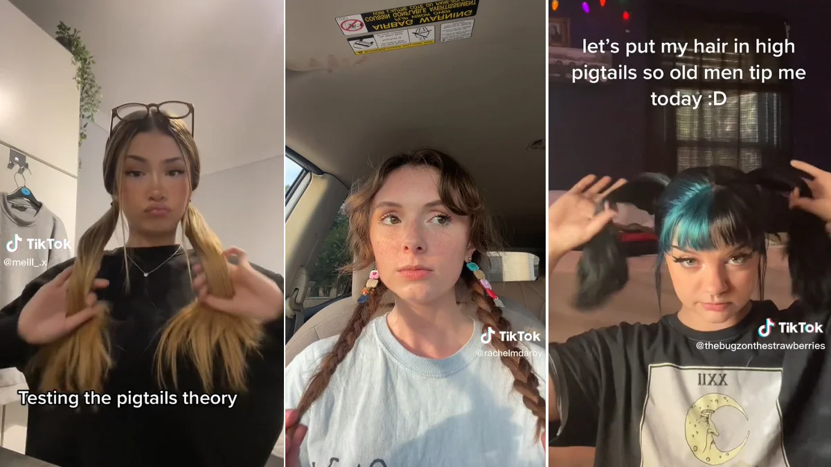 Three TikTok screenshots of women wearing pigtails, each testing the pigtail theory with captions referencing attention from older men.