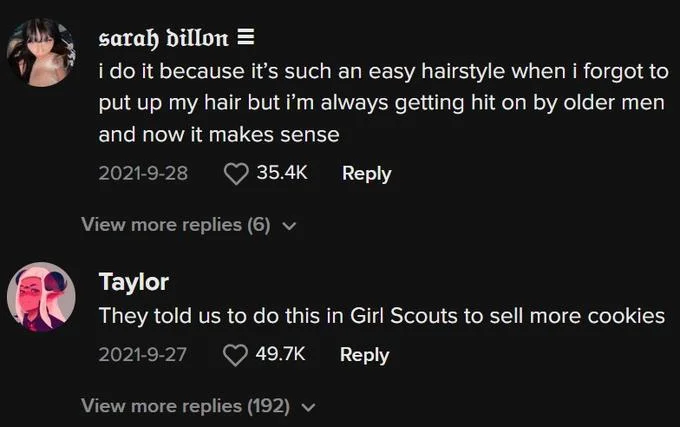 Pigtail Theory — TikTok comment screenshot where users say they get hit on by older men while wearing pigtails.