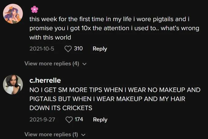 Pigtail Theory — TikTok comment screenshot of users saying pigtails earn them significantly more tips and attention than other hairstyles.