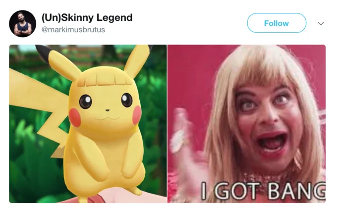 Pikachu and Eevee Haircuts — Tweet showing bangs Pikachu next to the I Got Bangs meme reaction image.
