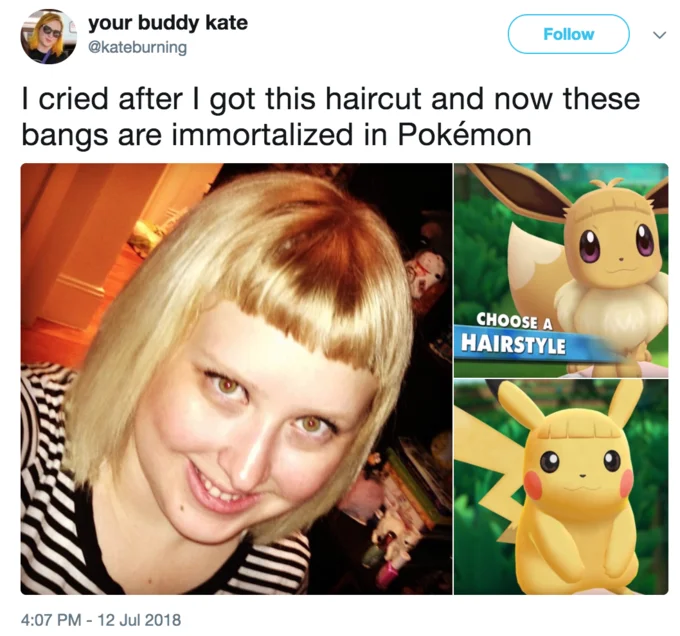 Pikachu and Eevee Haircuts — Tweet with a selfie of a woman with blunt bangs beside Eevee and Pikachu with matching bangs.