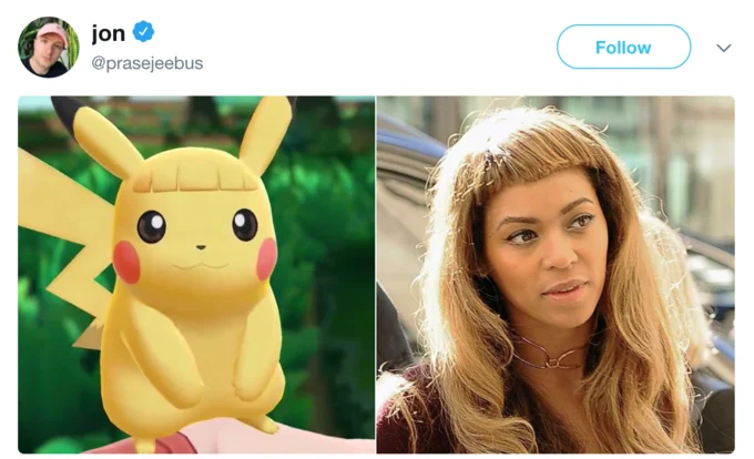 Pikachu and Eevee Haircuts — Tweet comparing bangs Pikachu to Beyonce with matching short bangs.