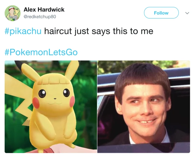 Pikachu and Eevee Haircuts — Tweet placing Pikachu with bangs next to Lloyd Christmas from Dumb and Dumber.