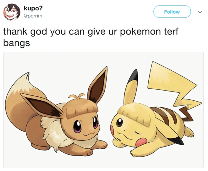 Pikachu and Eevee Haircuts — Tweet joking about giving Pokemon 'terf bangs' with Pikachu and Eevee haircut art.