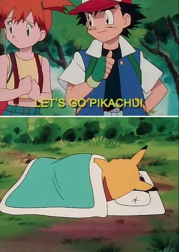 Pikachu Boner — Two-panel meme with Ash saying 'Let's go Pikachu' above the tented blanket scene