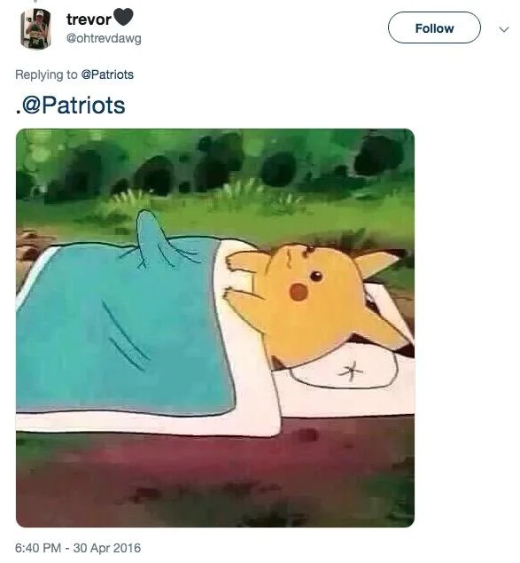 Pikachu Boner — Tweet from ohtrevdawg replying to @Patriots with the pikachu-boner image