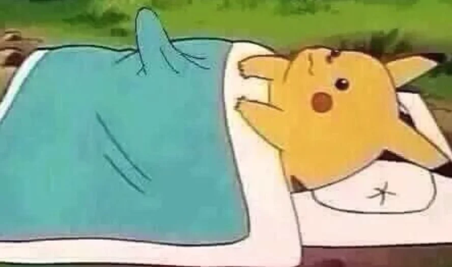 Pikachu Boner — Pikachu sleeping beside Ash under a blue blanket that is tented upward