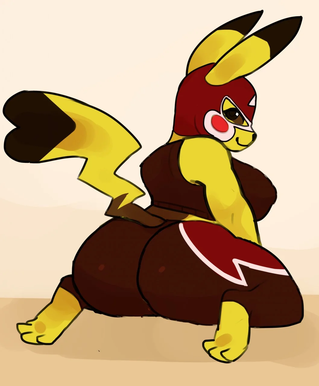 Anthropomorphic female Pikachu Libre fan art in a red mask and brown wrestling outfit