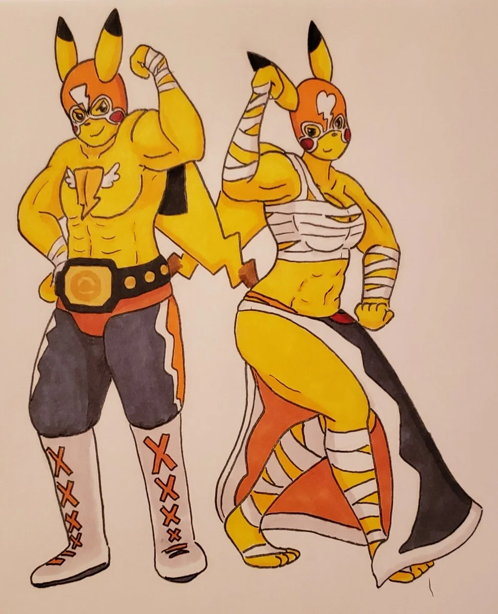 Marker fan art of male and female humanoid Pikachu Libre wrestlers flexing their muscles