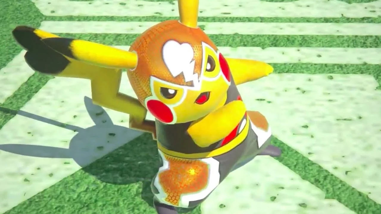 3D-rendered Pikachu Libre in an orange luchador mask posing inside a wrestling ring