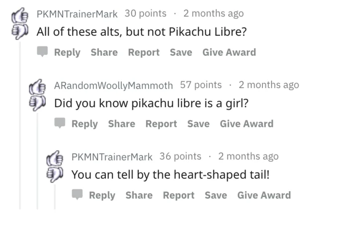 Reddit comments explaining that Pikachu Libre is female because of her heart-shaped tail