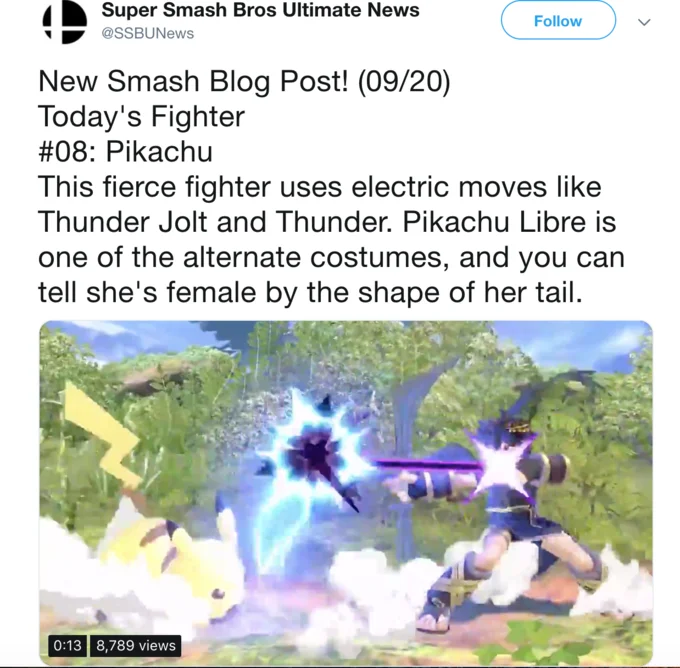 Tweet from Super Smash Bros Ultimate News stating Pikachu Libre is female based on her tail shape