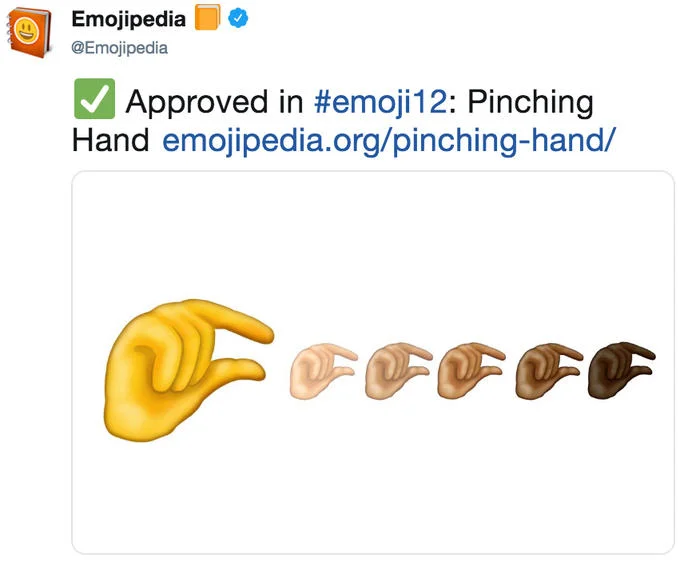 Emojipedia tweet announcing the pinching hand emoji approval in Emoji 12