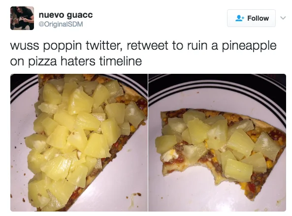 Pineapple on Pizza Debate — Tweet screenshot urging retweets to flood pineapple pizza haters' timelines