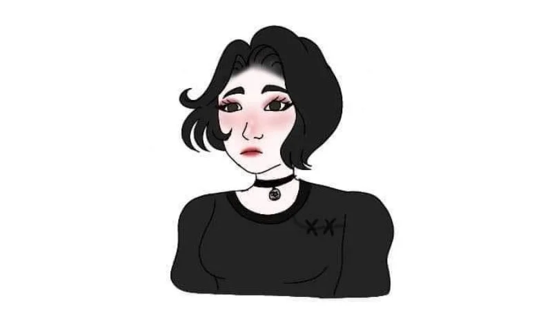 Pink Nose E-Girl Makeup — Cartoon drawing of a short-haired alternative character wearing a black shirt and choker