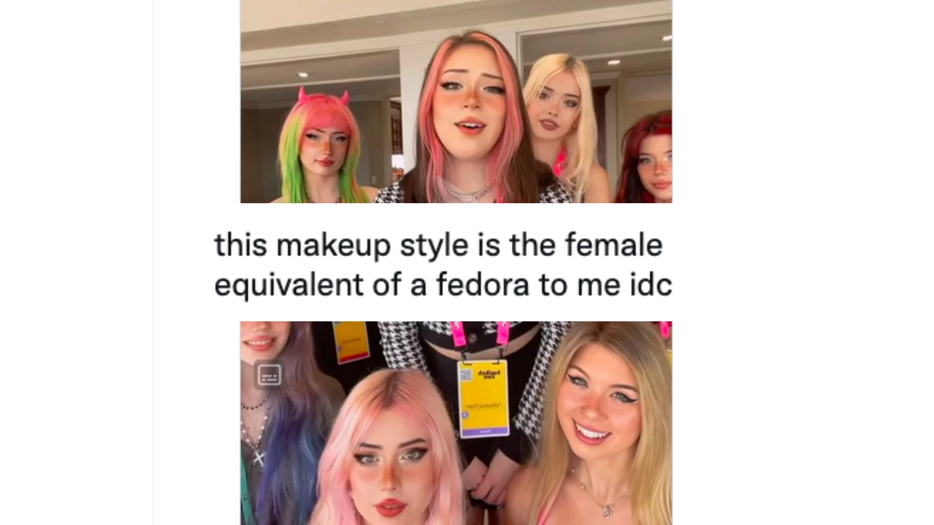 Pink Nose E-Girl Makeup — Screenshot of TikTok e-girls with pink nose makeup and the caption 'this makeup style is the female equivalent of a fedora to me idc'