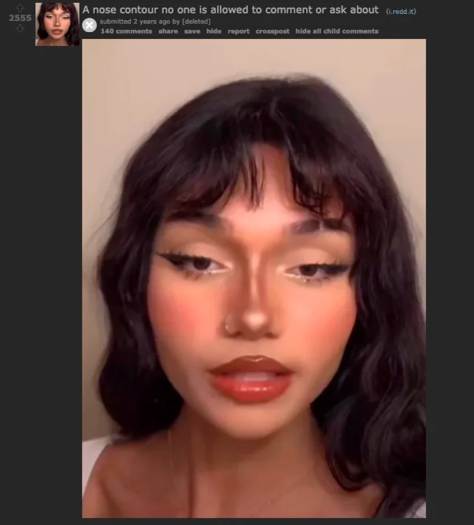 Pink Nose E-Girl Makeup — Reddit post showing a woman with exaggerated pink nose contour makeup