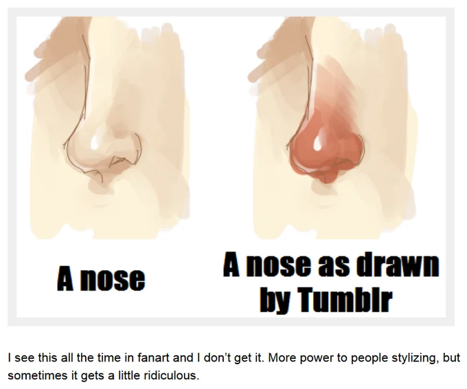 Pink Nose E-Girl Makeup — Comparison illustration of a normal nose vs a red exaggerated nose drawn by Tumblr artists