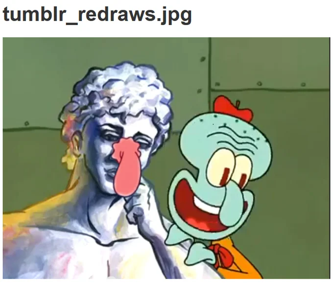 Pink Nose E-Girl Makeup — Classical statue with exaggerated pink nose next to Squidward wearing a beret, mocking Tumblr redraws