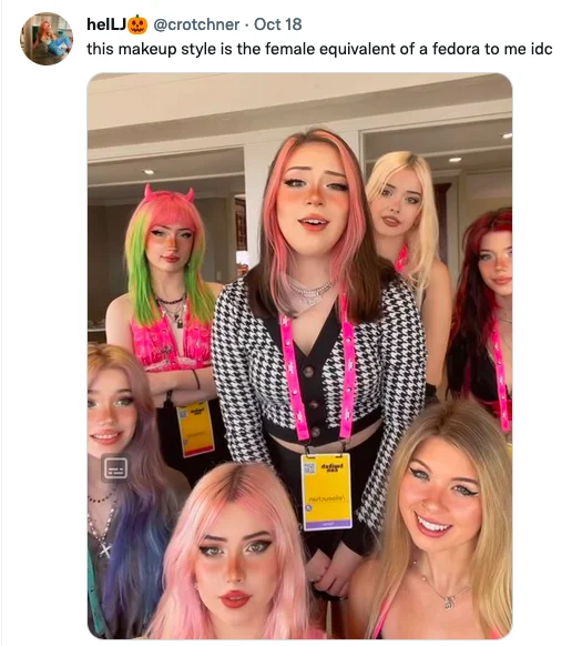Pink Nose E-Girl Makeup — Twitter post from @crotchner comparing pink-nose e-girl makeup to a fedora