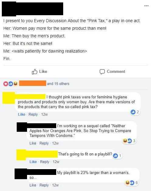 A Facebook screenshot showing a humorous post titled 'Every Discussion About the Pink Tax' with mock dialogue and comments debating the price markup.