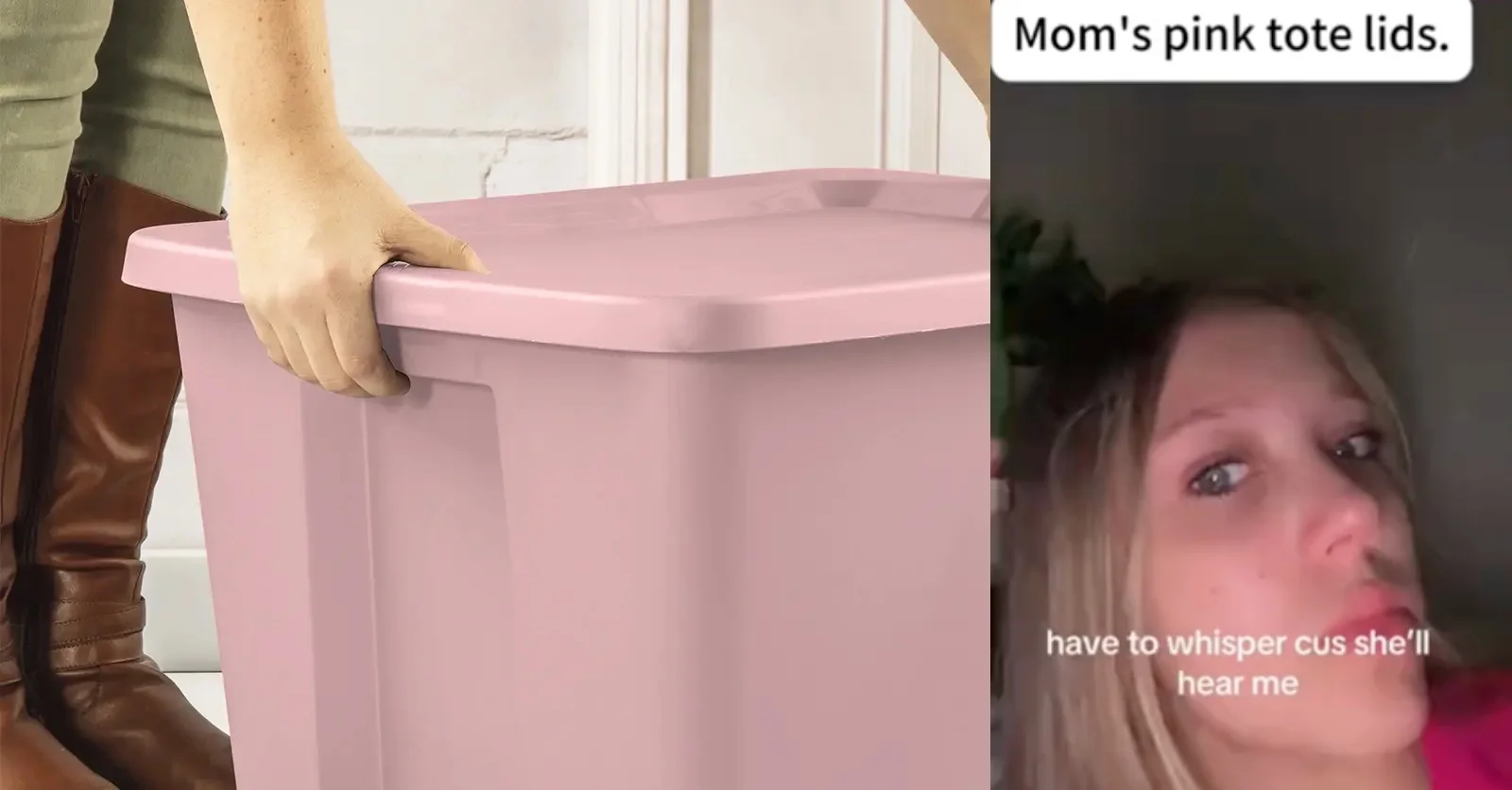 Pink Tote Lid Moment Pink Tote Mom — Split image of pink storage tote bin and TikTok video of woman whispering about mom's pink tote lids