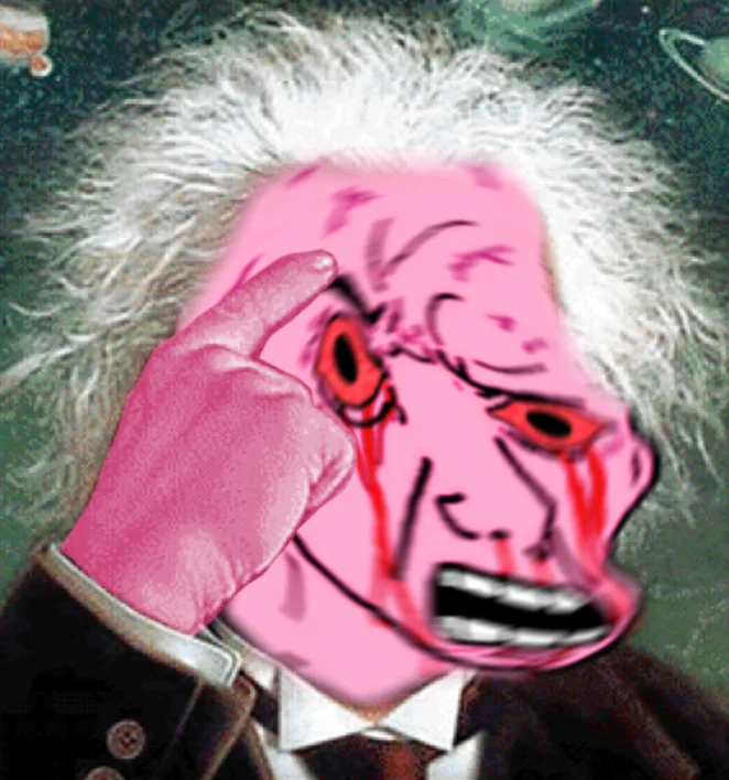Brown-haired Pink Wojak with bloody eyes and clenched teeth