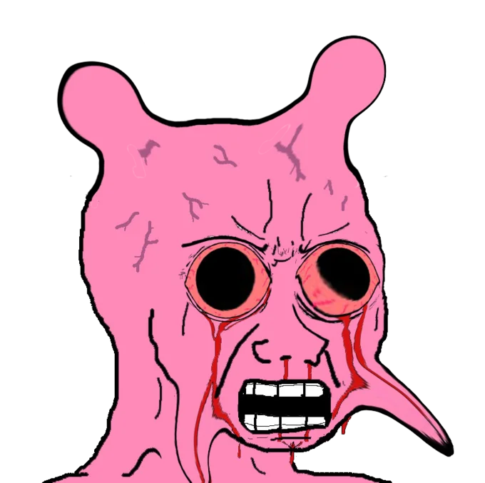 Melting distorted Pink Wojak in pink and magenta with bared teeth